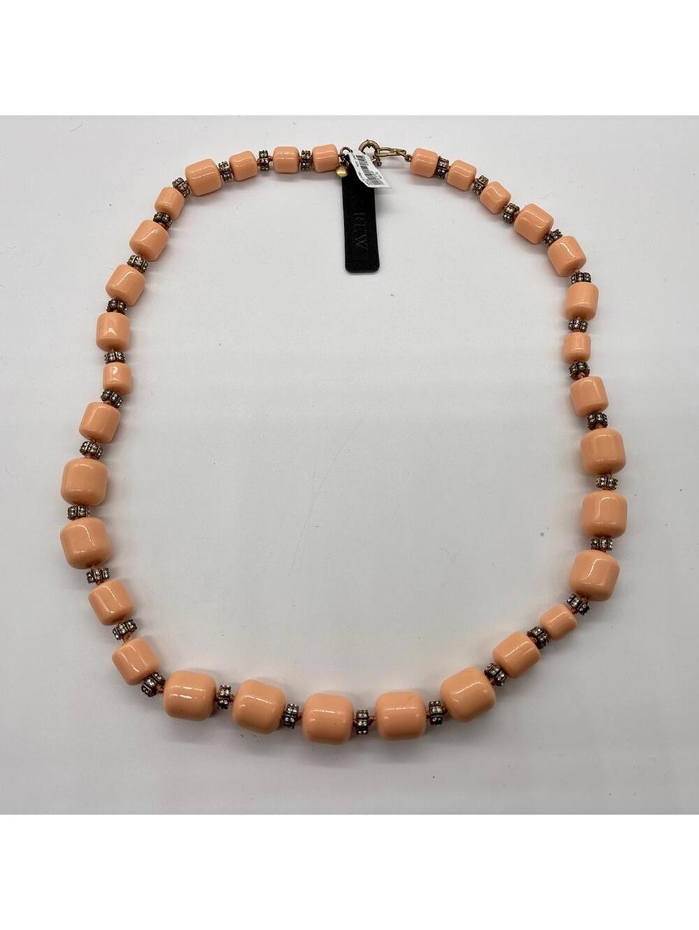 NEW J Crew Coral Peach Barrel Bead Rhinestone Rondelle Statement Necklace 30"